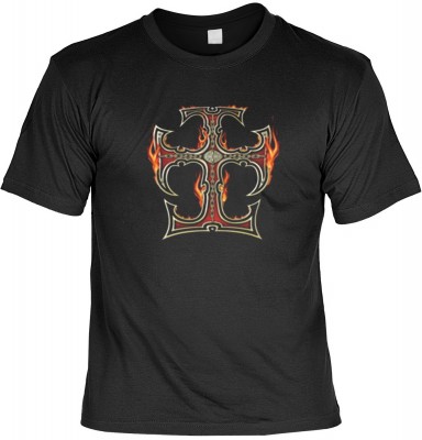 Top Qualität! HK_MTS_01_65-P16 mit dem Motiv: <br><b>Biker Kreuz in Flammen T-shirt Cross with Flames Fb schwarz auch in 3xL 4xL 5xL</b>,fällt sofort ins Auge und sorgt für einen gelungenen Auftritt.<br><br>T-shirt namenhafter Hersteller in bester Qualitä